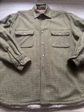 Mitsumine | Vintage Olive Green Checkered Sherpa-Lined Wool Jacket Medium